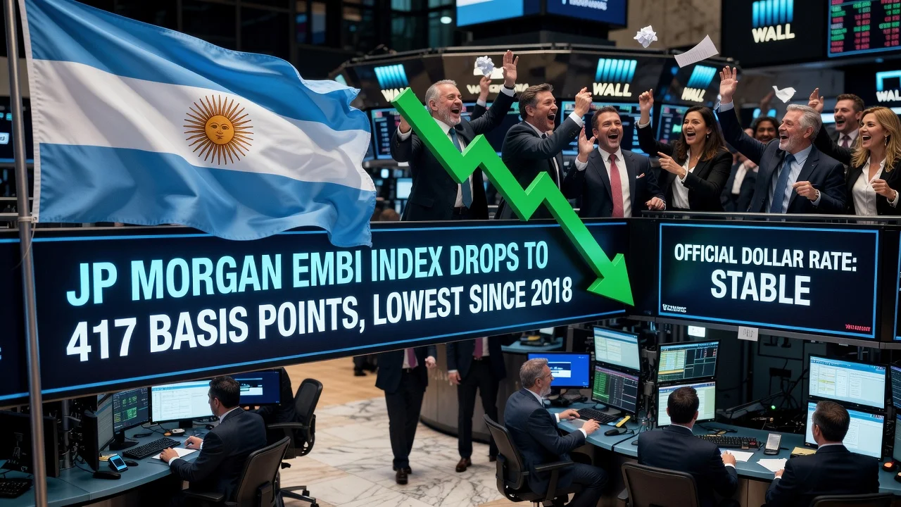 Illustration of Argentina's falling country risk with financial charts, flag, and Wall Street elements