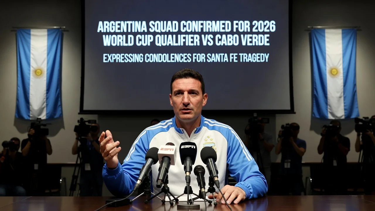 Lionel Scaloni speaking at a press conference about the Argentina vs Cabo Verde match and condolences for Santa Fe.