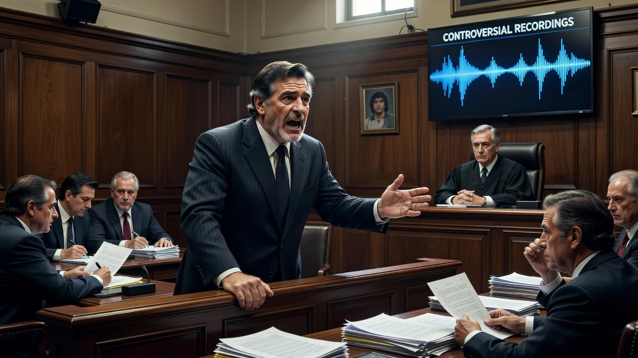 Matías Morla testifying in San Isidro court during the Maradona death trial, with audio evidence displayed.