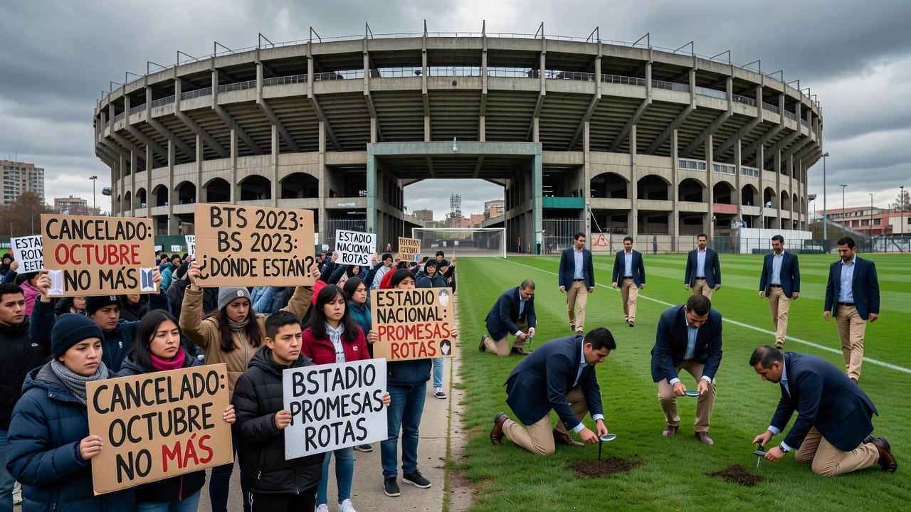Illustration of Estadio Nacional with disappointed BTS fans and officials inspecting the field due to concert rejection over damage concerns.
