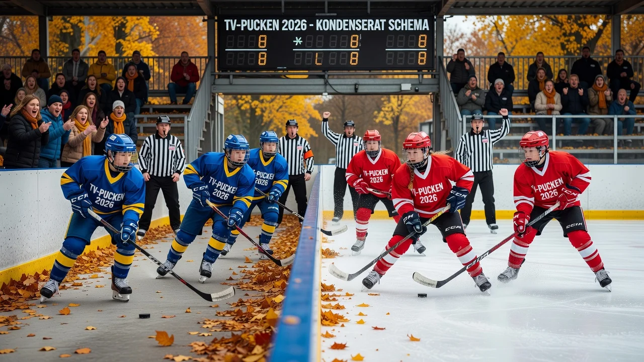 Youth ice hockey players in action at the TV-pucken tournament during autumn, illustrating the new condensed format.