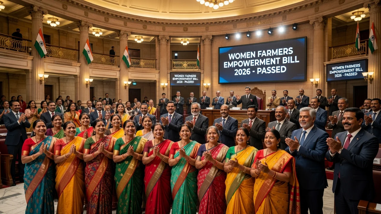 Illustration of women farmers celebrating the passage of the Women Farmers Empowerment Bill in the Maharashtra Assembly.