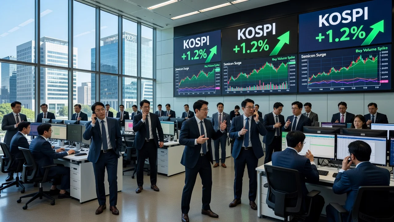 Seoul stock traders monitoring rising semiconductor prices on screens after market recovery