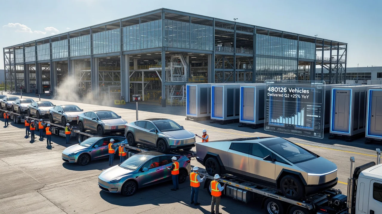 Photorealistic scene of Tesla factory with vehicle deliveries and stats display for news article.
