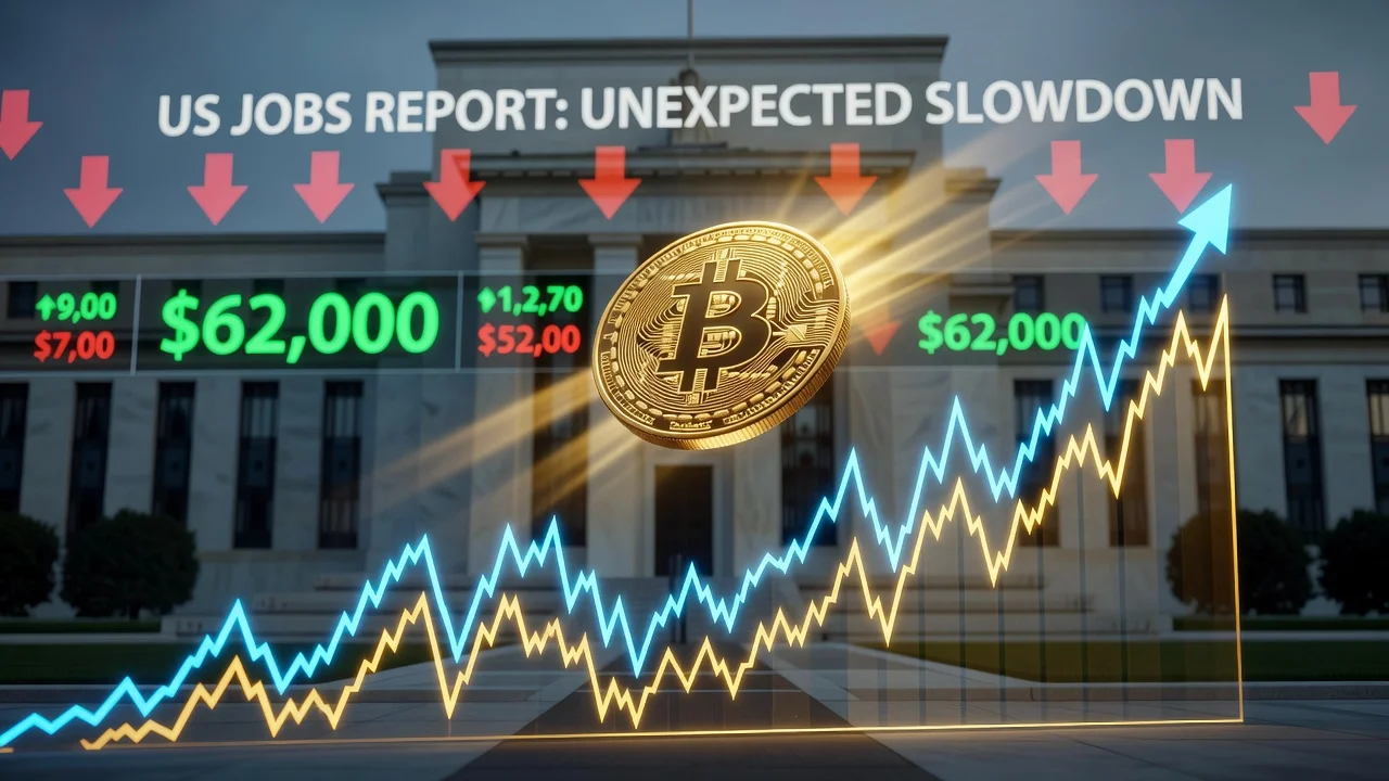 Bitcoin coin rising above $62,000 ticker with financial charts and subtle US jobs data elements
