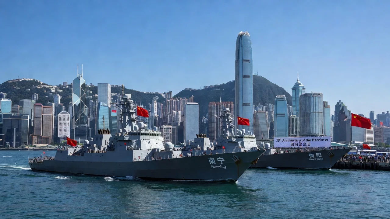 Two PLA naval ships arriving in Hong Kong for anniversary visit.