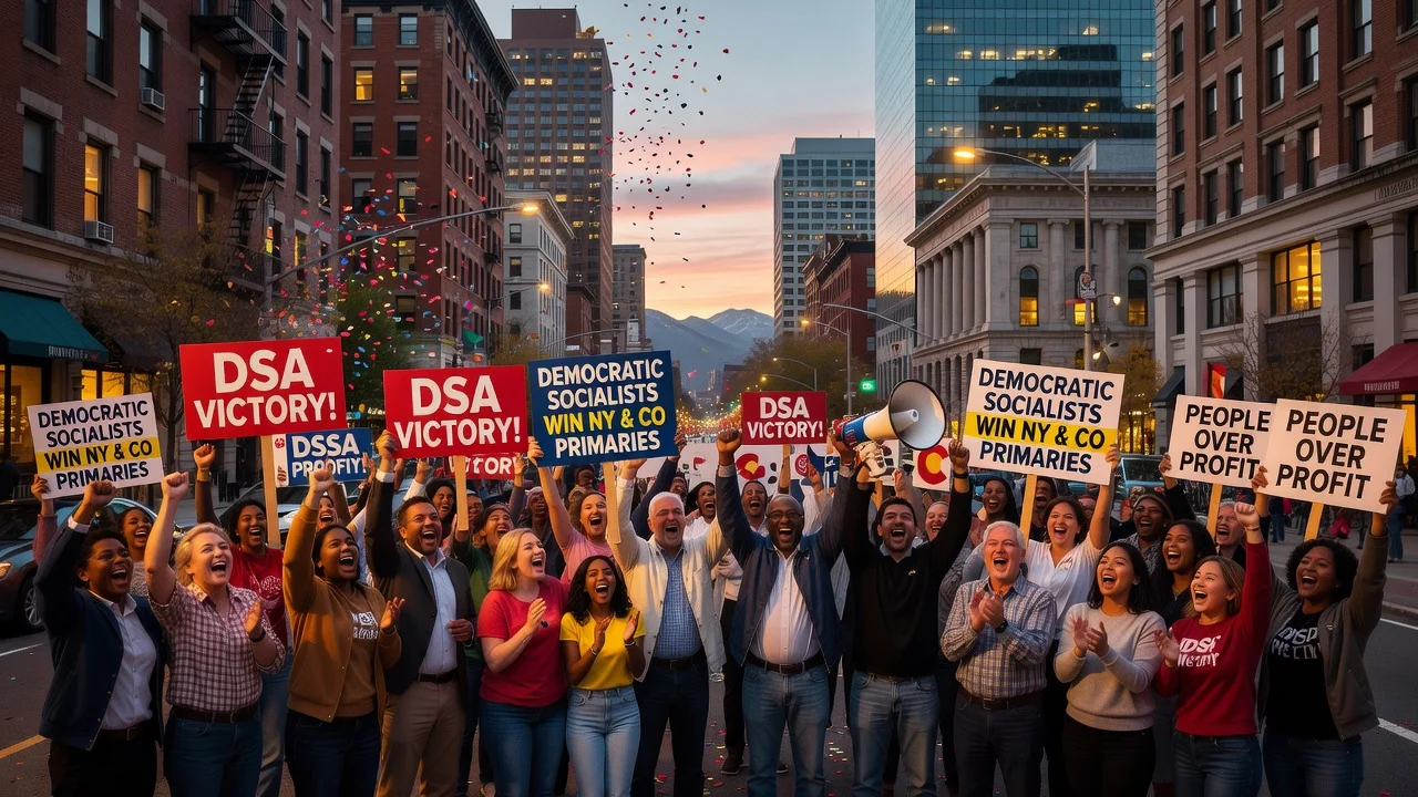 Diverse supporters celebrating Democratic socialist primary wins in New York and Denver.
