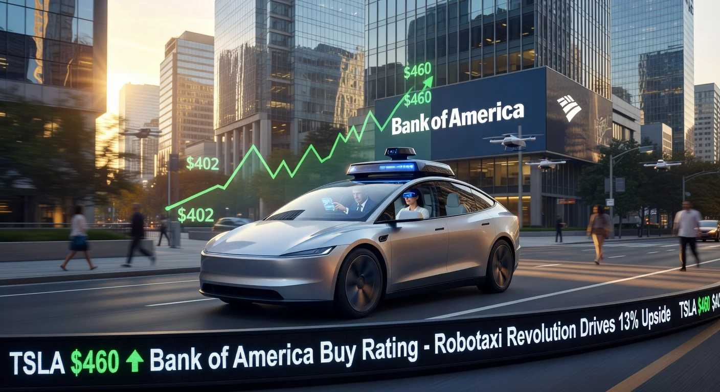 Photorealistic image of a Tesla robotaxi on city street with rising TSLA stock ticker to $460, per Bank of America projection.