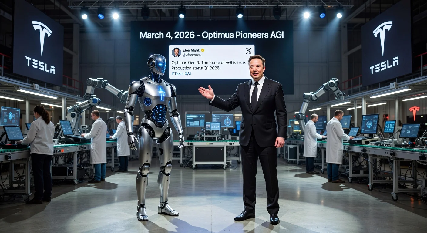 Elon Musk unveiling Tesla's Optimus Gen 3 humanoid robot, claimed to pioneer AGI, in a futuristic factory setting.