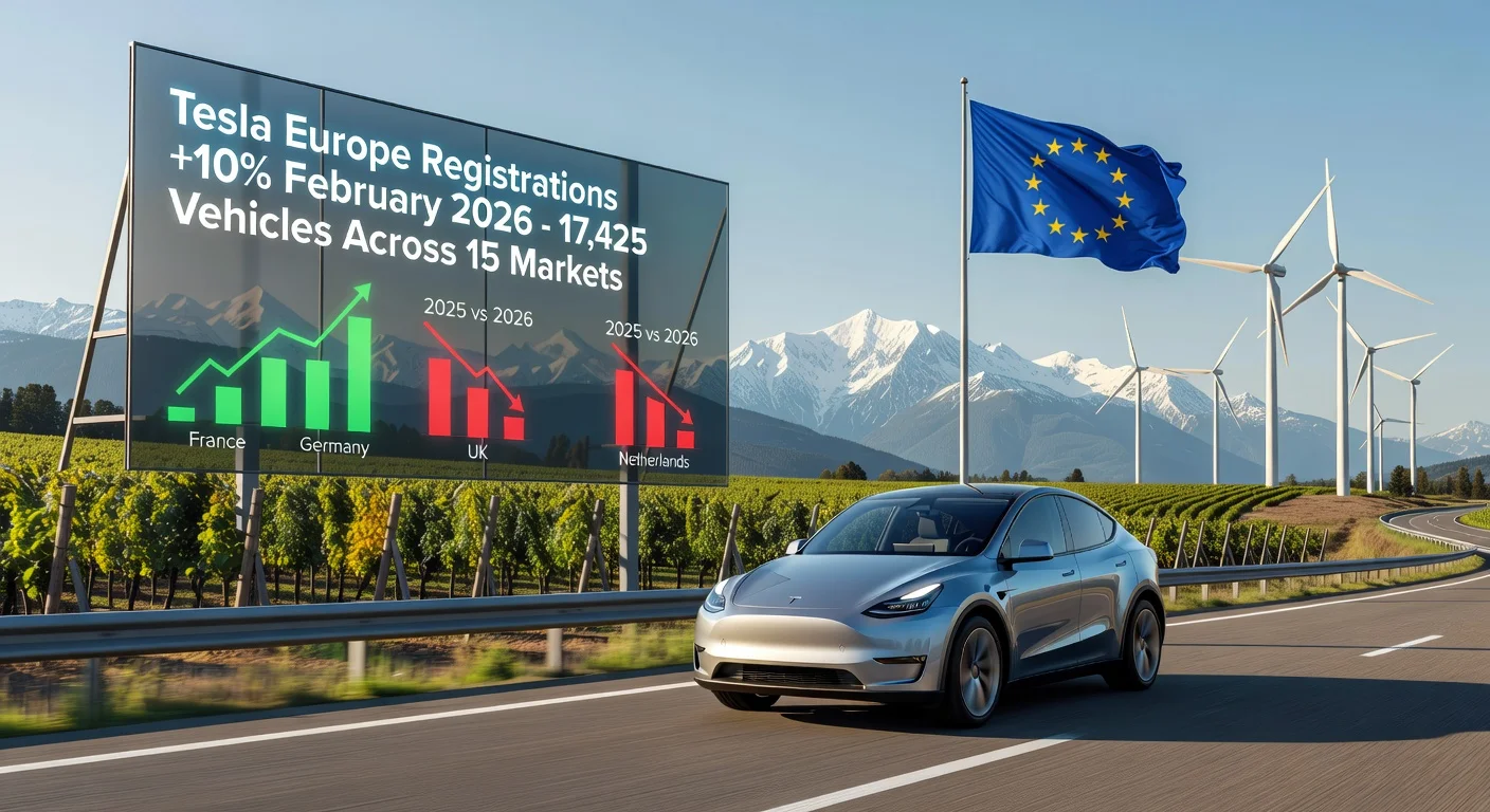Illustration depicting a Tesla car on a European road with overlaid graphs showing 10% growth in vehicle registrations for February 2026 and country-specific trends.