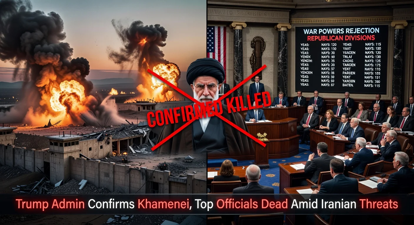 Dramatic split-screen illustration of U.S. airstrikes killing Iran's Khamenei, Congress rejecting war limits, for Operation Epic Fury news coverage.