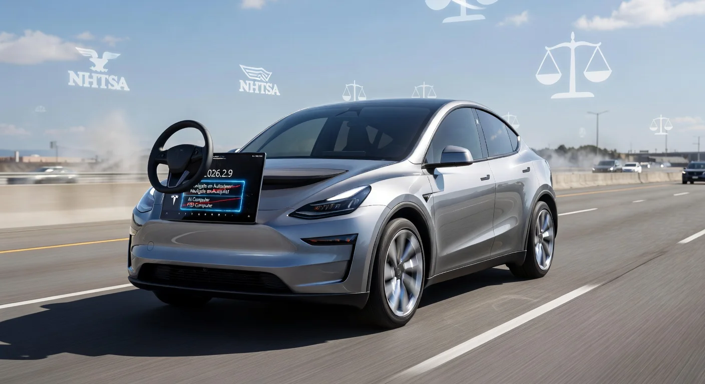 Tesla vehicle dashboard illustrating software update renaming Autopilot features to Autosteer and AI Computer amid regulatory scrutiny.