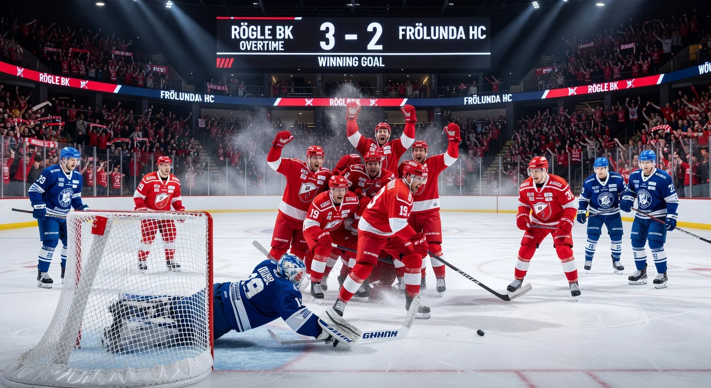 Dramatic overtime goal celebration as Rögle BK defeats Frölunda HC 3-2 in SHL hockey match.