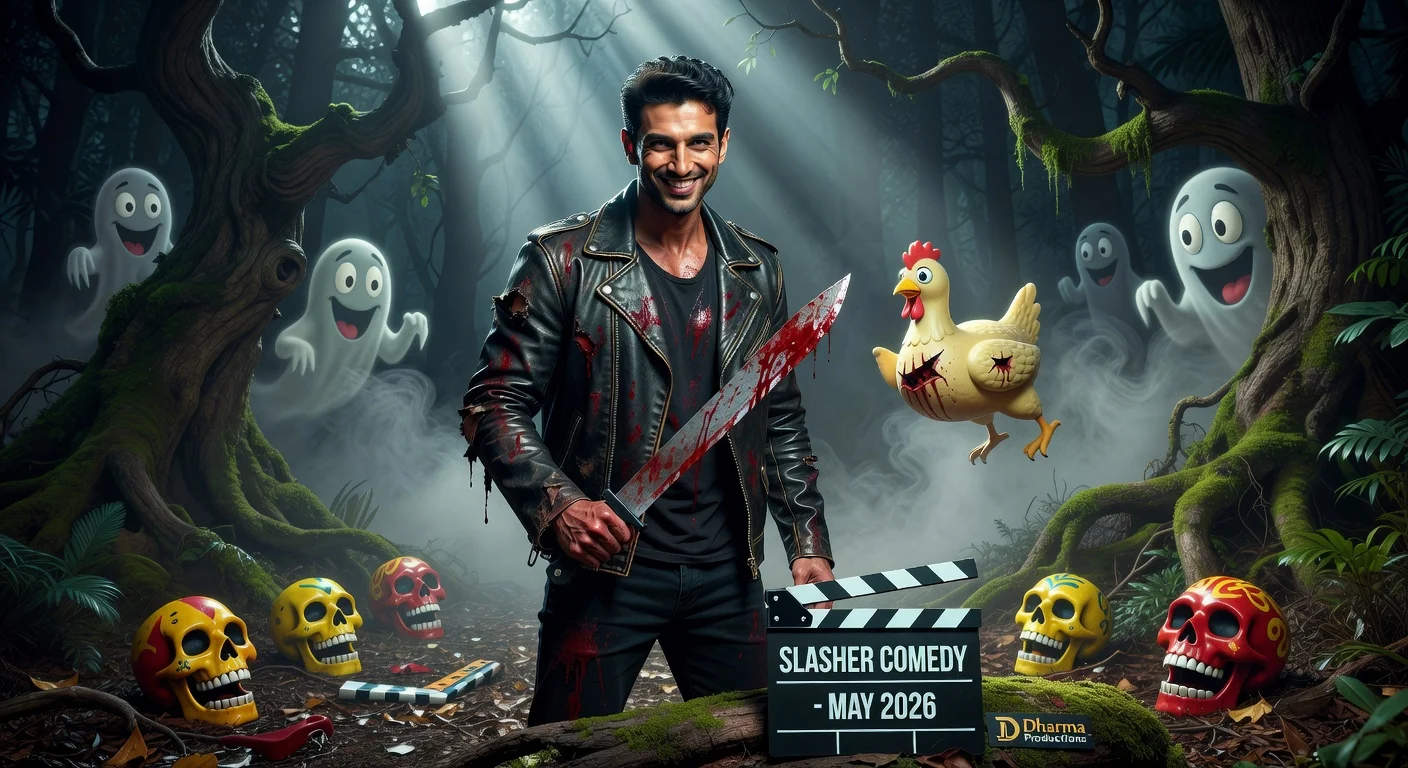 Aditya Roy Kapur posed dramatically with a machete in a foggy forest, blending slasher horror and comedy for Dharma Productions' upcoming film announcement.