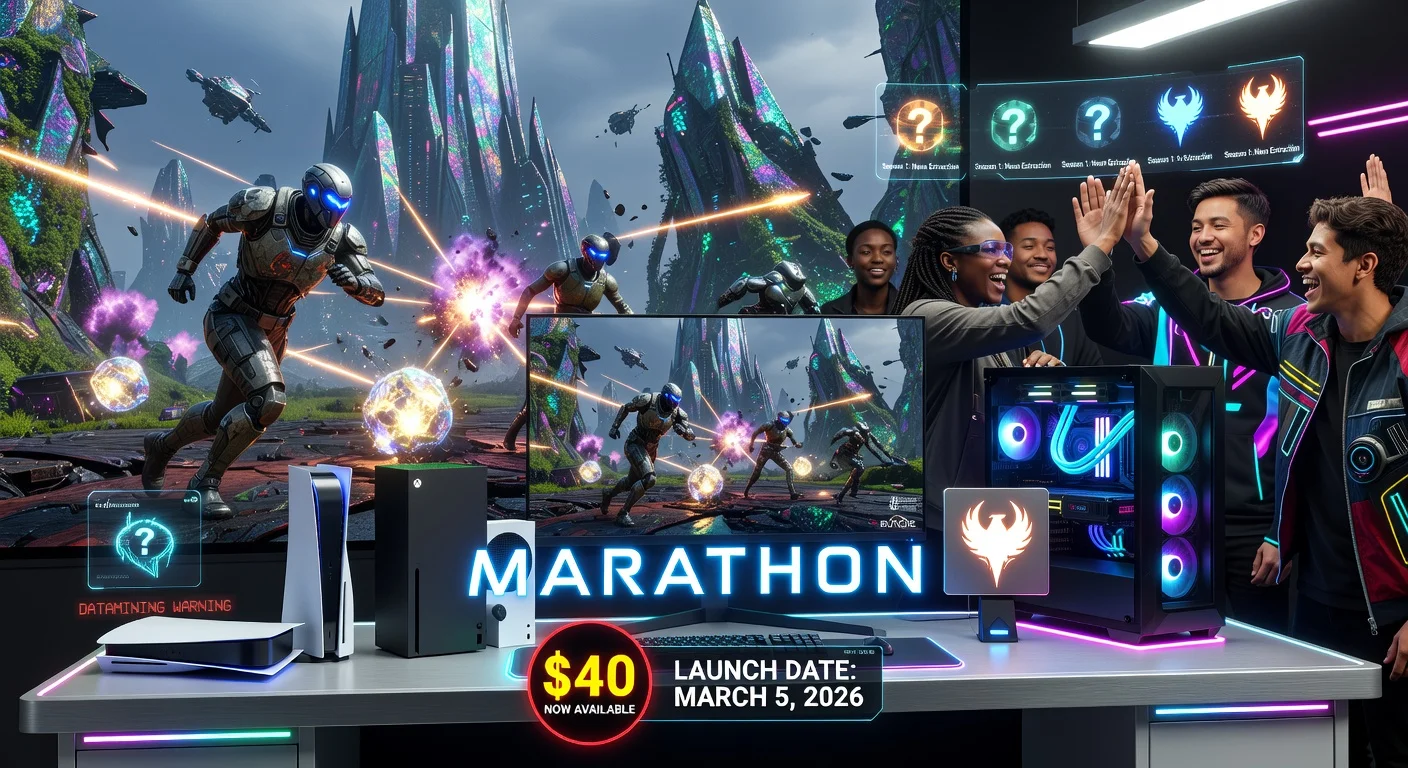 Photorealistic illustration depicting the launch of Bungie's Marathon extraction shooter on PS5, Xbox Series X/S, and PC, showcasing dynamic sci-fi gameplay and consoles.