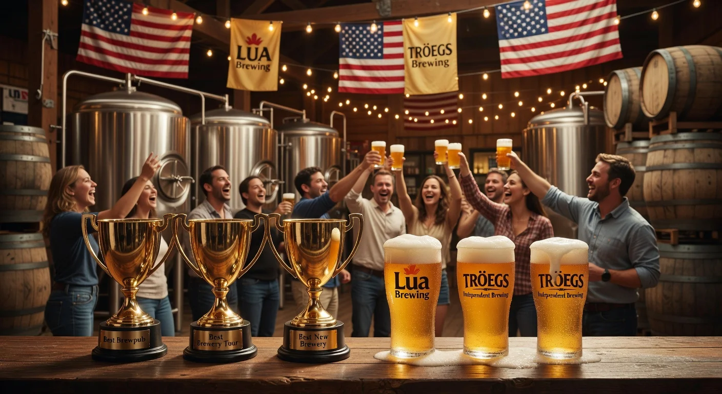Festive brewery scene illustrating USA TODAY 2026 beer awards winners, with trophies, beer pints, and cheering patrons.