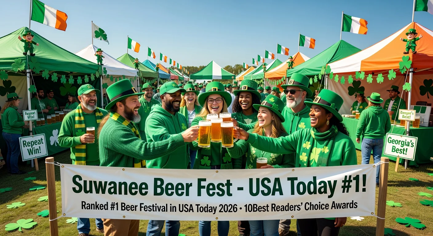 Lively photorealistic illustration of Suwanee Beer Fest crowds celebrating its No. 1 USA Today beer festival award amid St. Patrick's Day beer sampling.