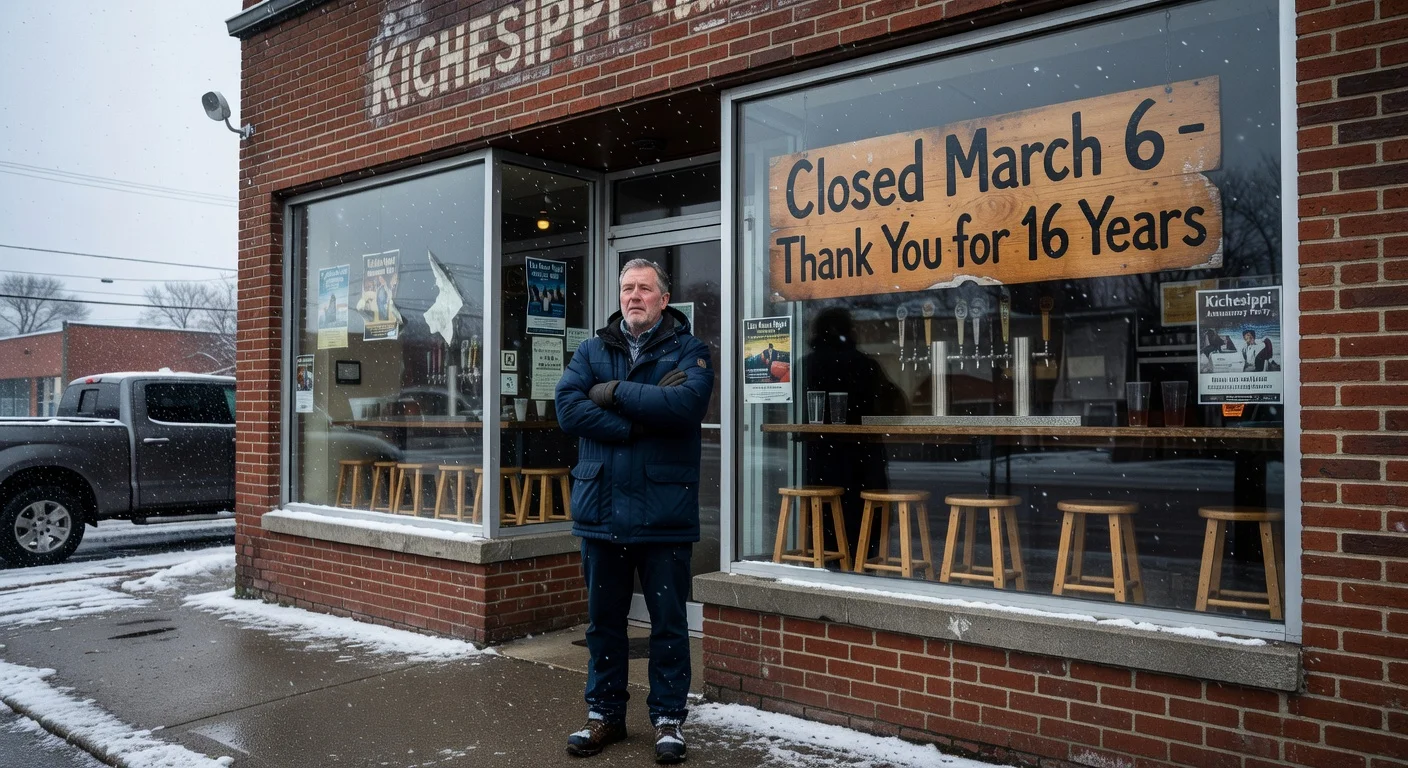 Realistic illustration of Kichesippi Beer Co. storefront in Ottawa on closing day, featuring a 'Closed' sign, empty interior, and heartbroken owner amid winter snow, symbolizing craft beer industry struggles.