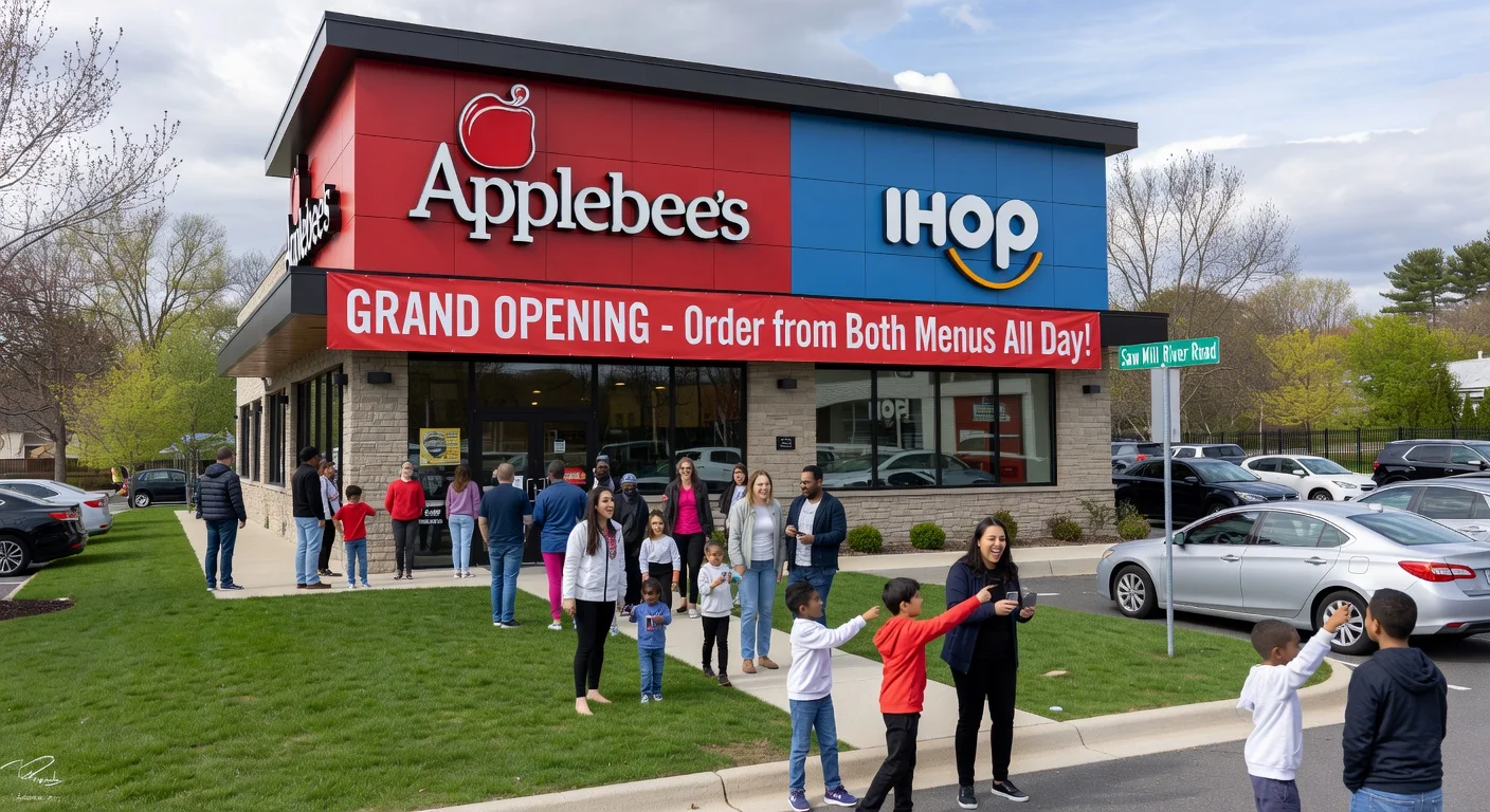 Exterior view of the first dual Applebee's and IHOP restaurant grand opening in Hawthorne, New York, with crowds and signage.