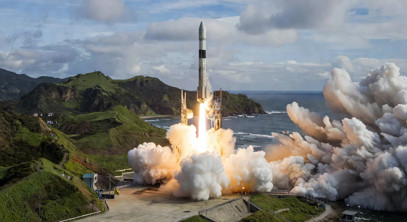 Illustration depicting the dramatic liftoff of Space One's Kairos No. 3 rocket from Space Port Kii before its mission abort.