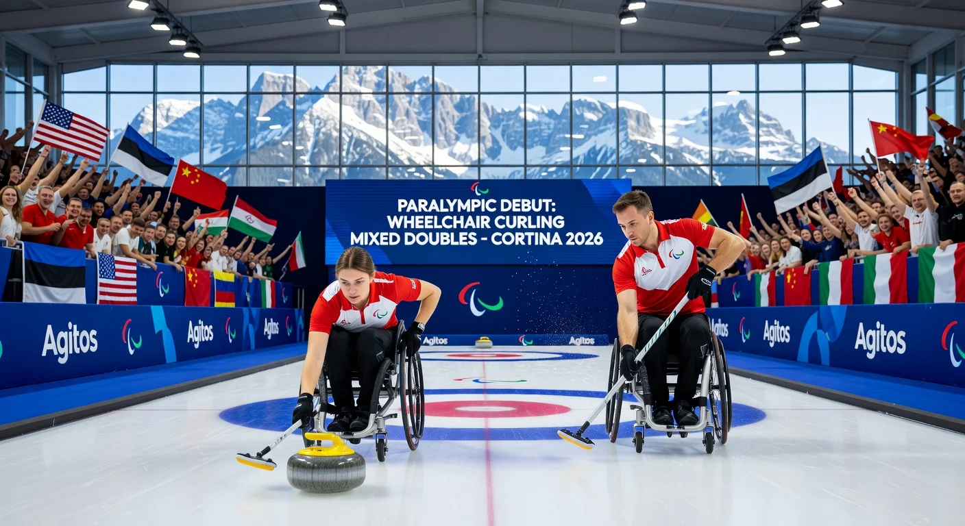 Wheelchair curling mixed doubles athletes competing in the Paralympic debut match at the 2026 Winter Games in Italy.