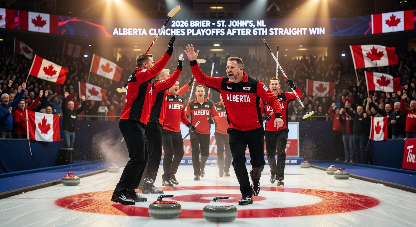 Alberta's Kevin Koe and team celebrate playoff berth at Brier curling tournament.