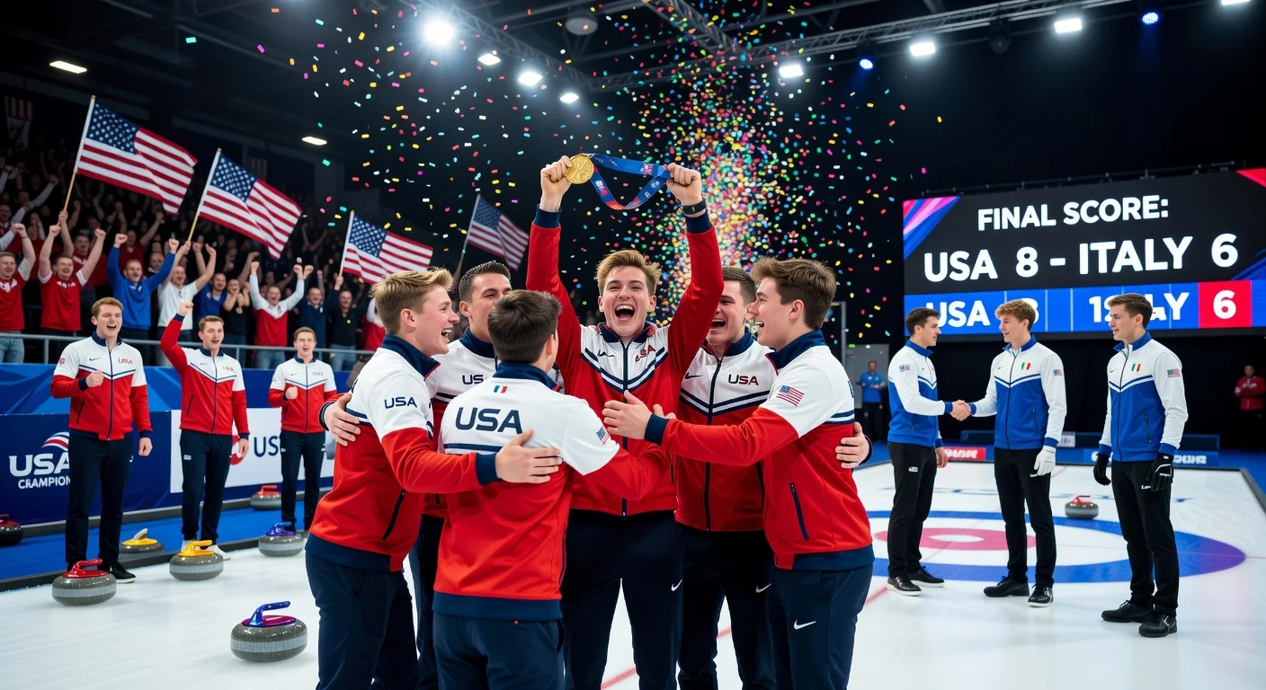 Team Hebert from Eau Claire, Wis., celebrates U.S. men's junior curling world gold since 2008 after 8-6 final win over Italy.