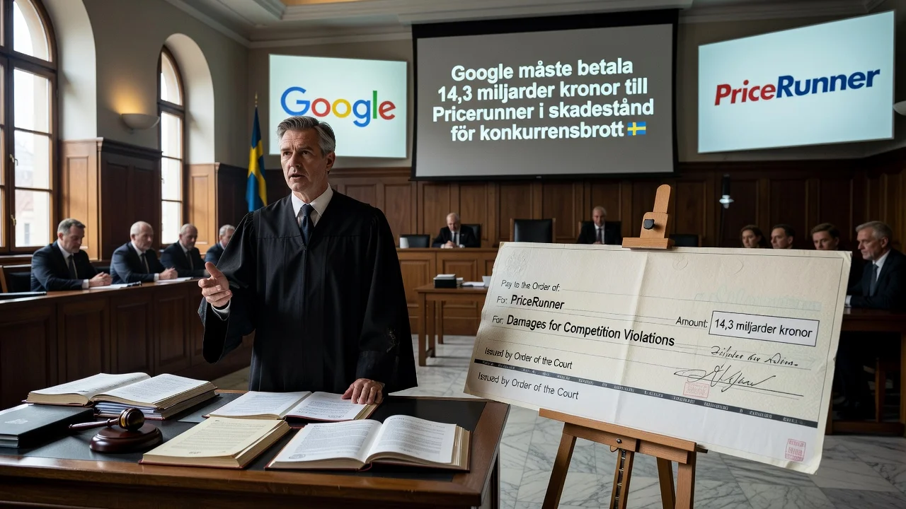 Courtroom scene depicting Google ordered to pay damages to Pricerunner in a Swedish competition law case