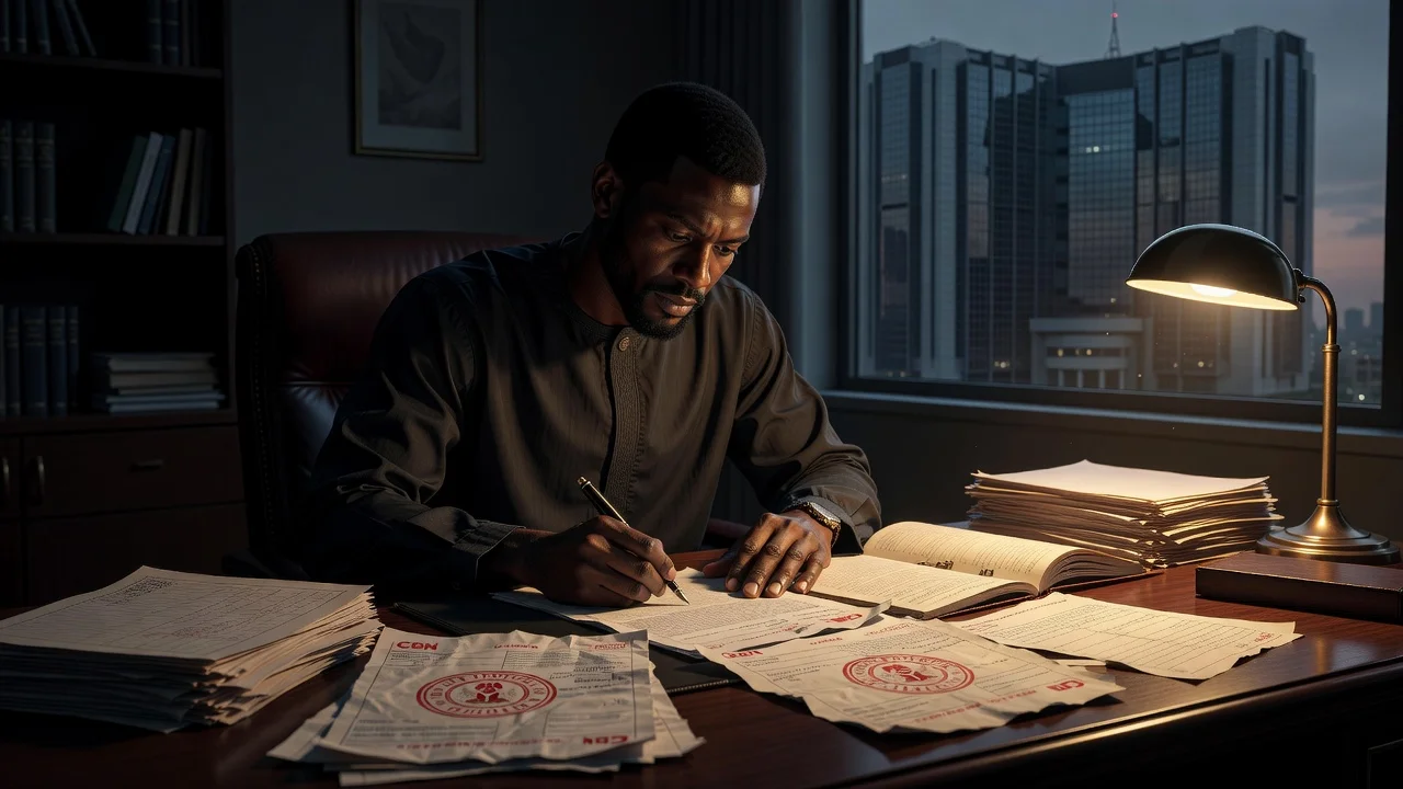 News illustration of a man forging documents for a fake CBN account as alleged by the Presidency.