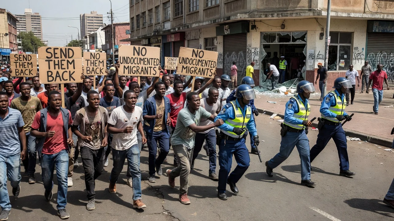 Crowds protesting against undocumented migrants in South Africa with police making arrests during isolated violence.