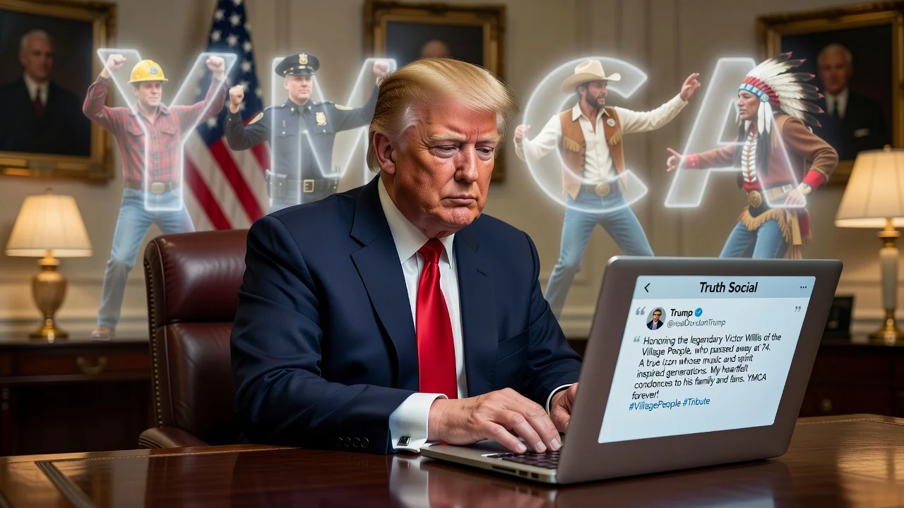 Illustration of President Trump honoring the late Village People singer Victor Willis with a tribute post.