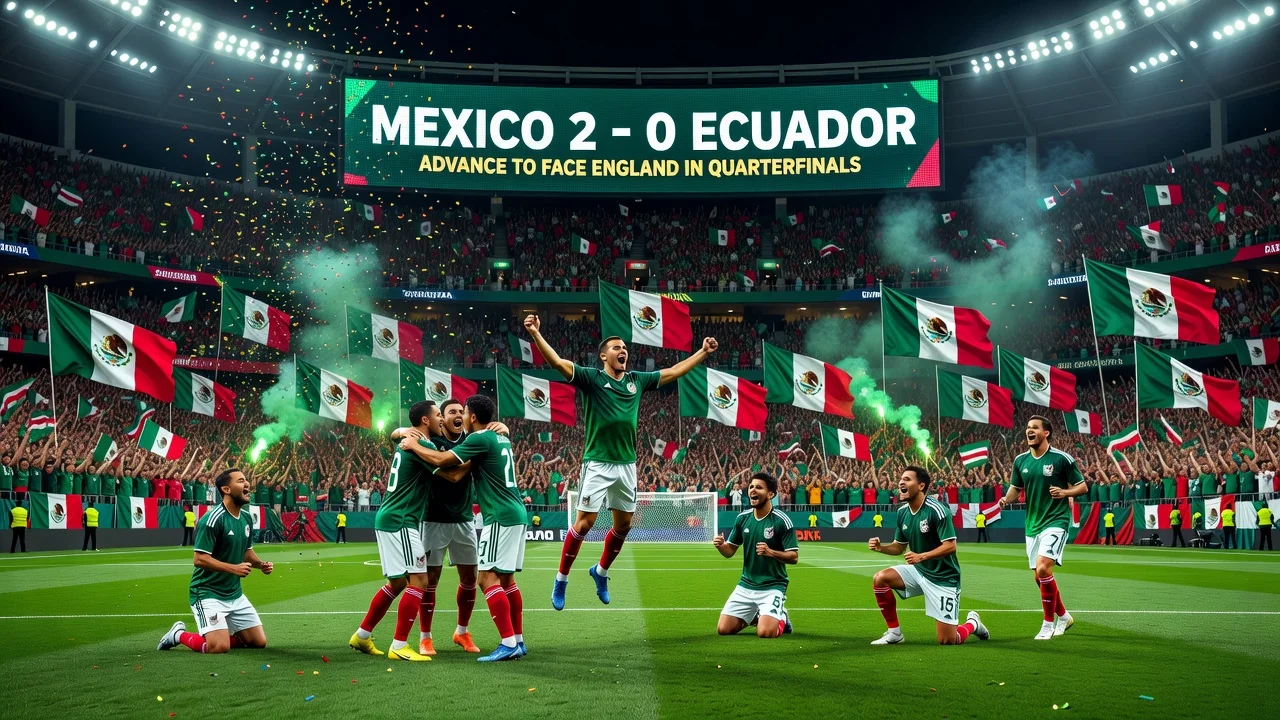 Mexican soccer players celebrating 2-0 victory over Ecuador in the World Cup