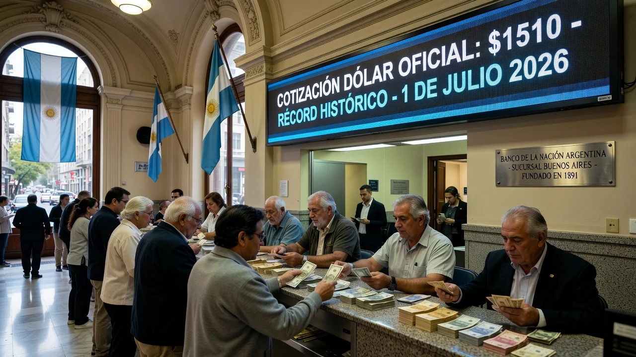 Photorealistic scene of Banco Nación bank with digital display showing dollar at record $1510.