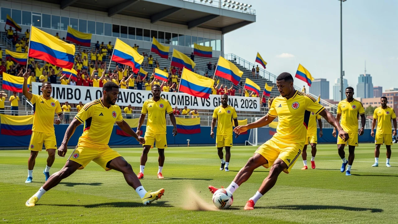 Colombian national soccer team preparing for World Cup match against Ghana in Kansas City.