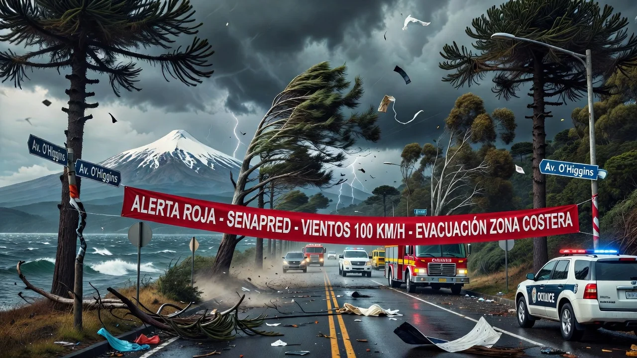 Stormy scene in Pucón with strong winds, bent trees, red Senapred alert signs and volcanic backdrop for news article.