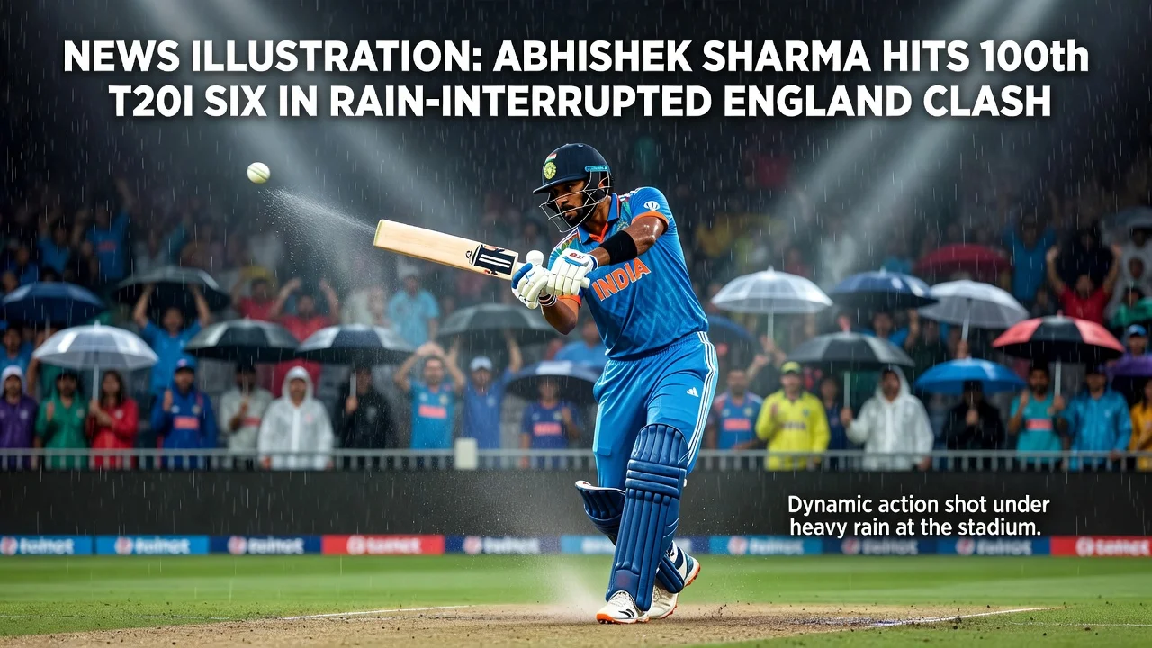 Abhishek Sharma hitting a six in the rain during T20I match against England