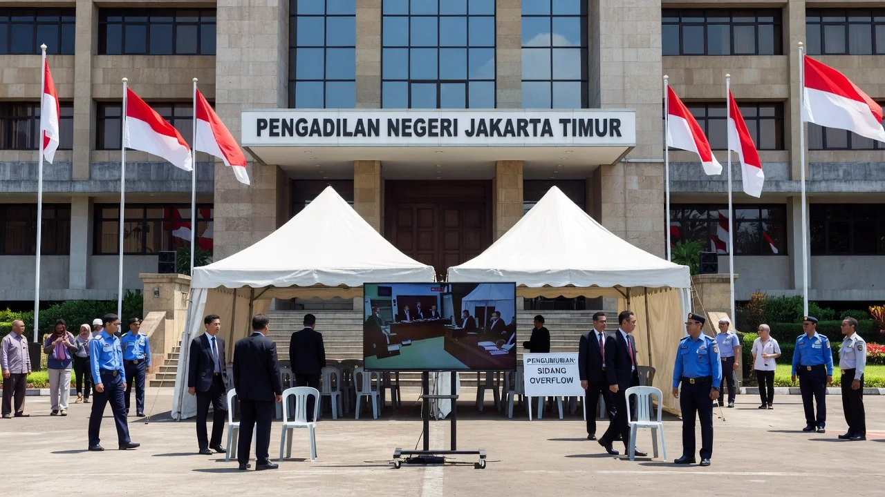Jakarta Timur court exterior with tents and TV prepared for Doctor Tifa's first hearing