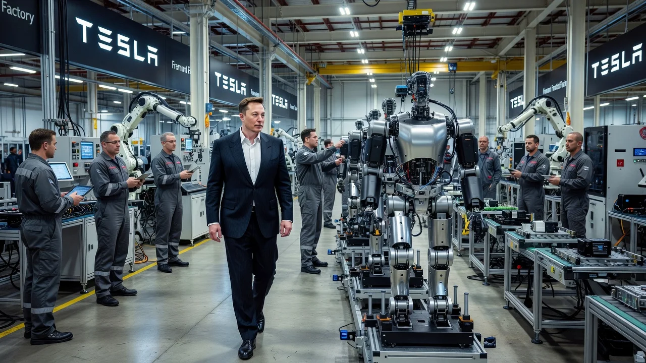 Elon Musk tours the Optimus robot production line inside Tesla's Fremont factory.