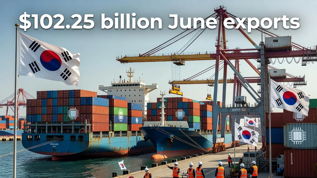 A photorealistic depiction of a South Korean shipping port celebrating record exports of $102 billion in semiconductors.