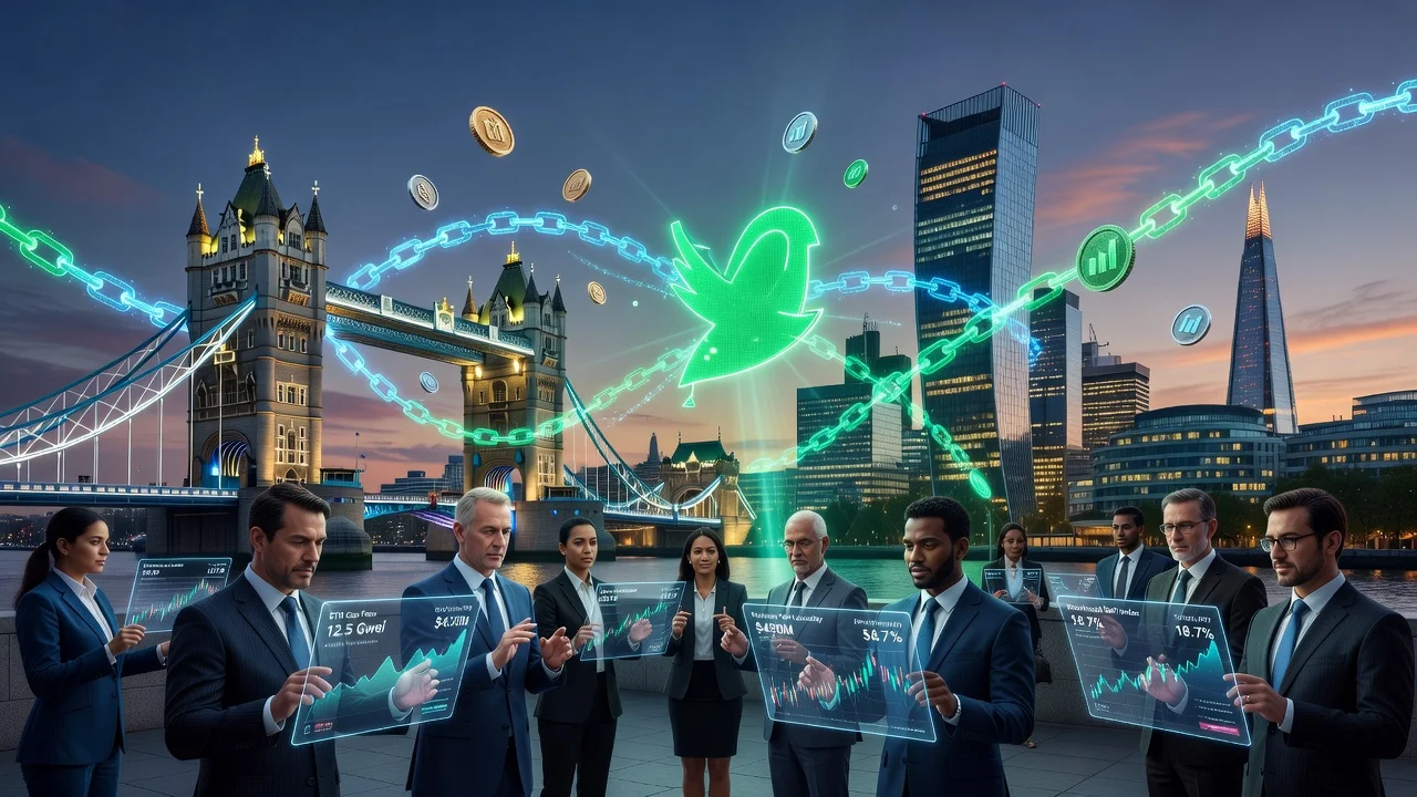 Illustration of Robinhood blockchain launch in London with skyline, digital chains, tokens and trading interfaces