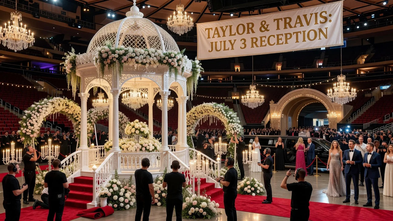 Taylor Swift and Travis Kelce's wedding reception setup at Madison Square Garden featuring a gazebo and decorations.