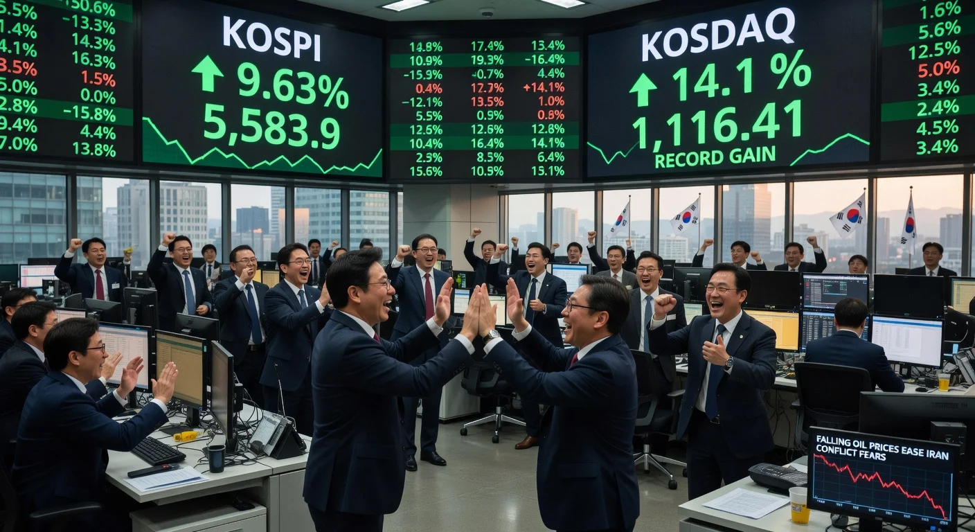 Seoul stock traders celebrate KOSPI's 9.63% rebound and Kosdaq's record gain on vibrant trading floor screens amid easing oil price concerns.