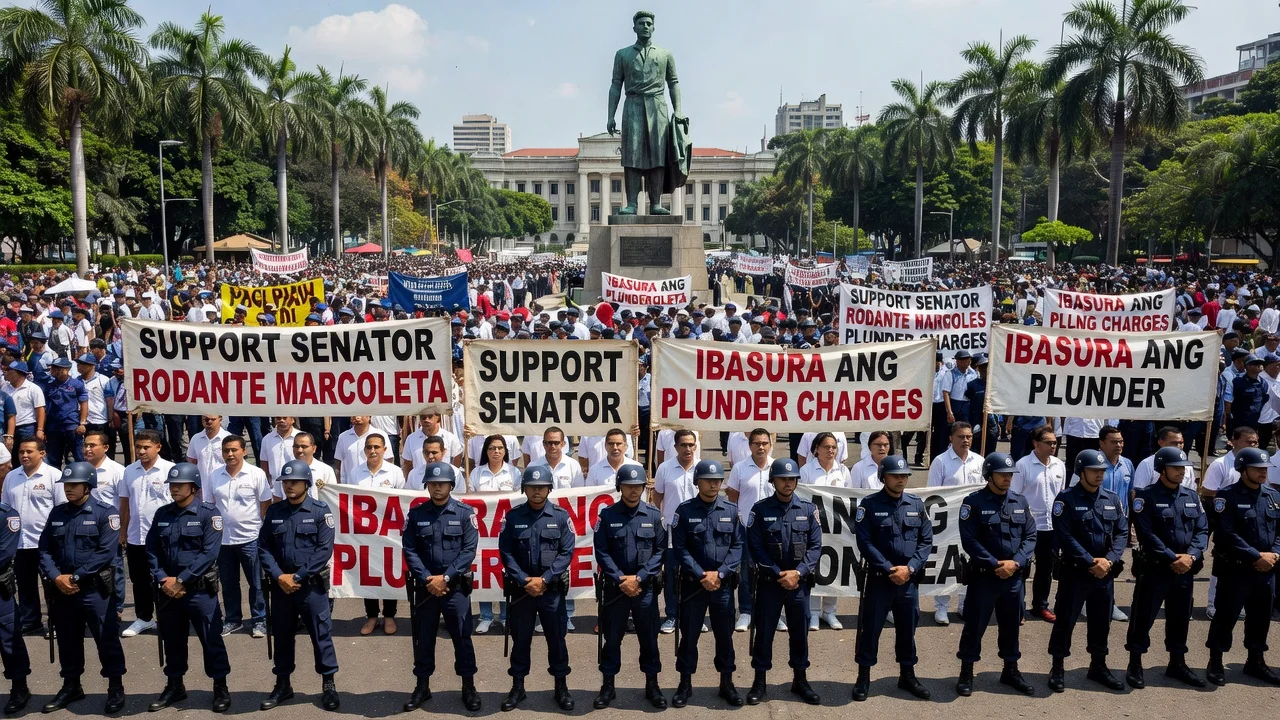 Crowd of INC protesters at Liwasang Bonifacio supporting Senator Marcoleta with police presence.