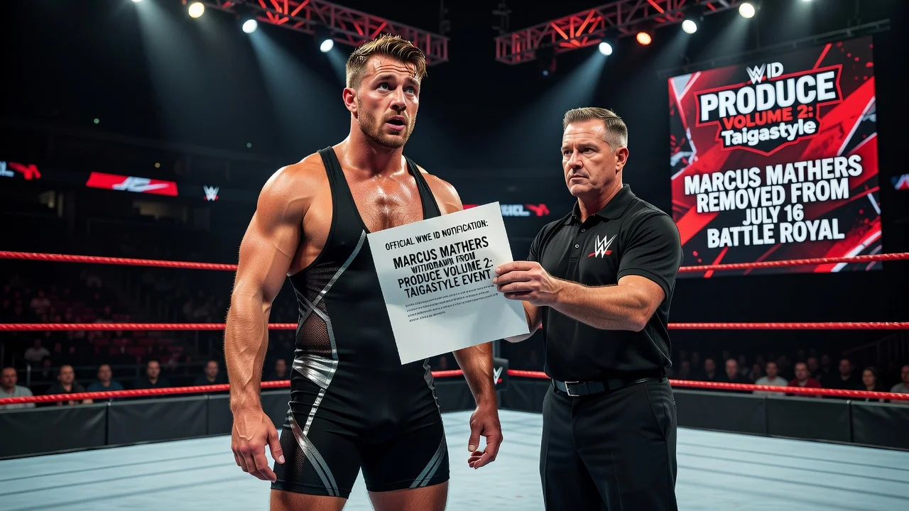 Realistic illustration of Marcus Mathers being removed from PRODUCE wrestling event by WWE ID