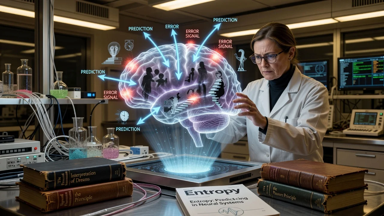 Illustration of a neuroscience lab fusing Freudian psychoanalysis with brain prediction models.
