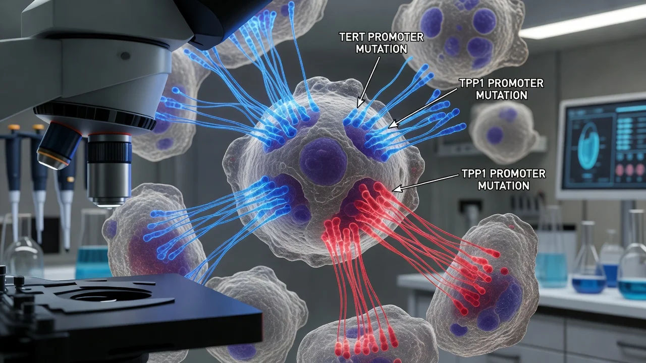 Microscopic view of melanoma cells featuring extended glowing telomeres due to genetic mutations.