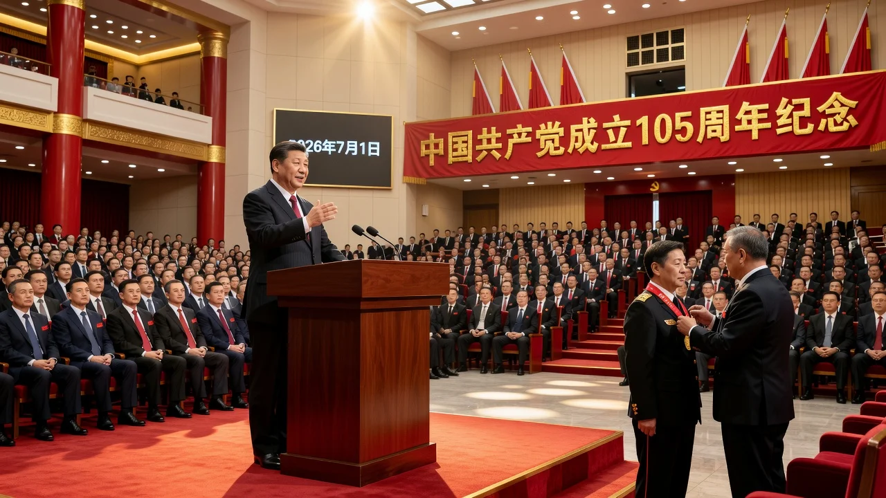Xi Jinping speaking at a podium during the CPC's 105th anniversary celebration in Beijing.
