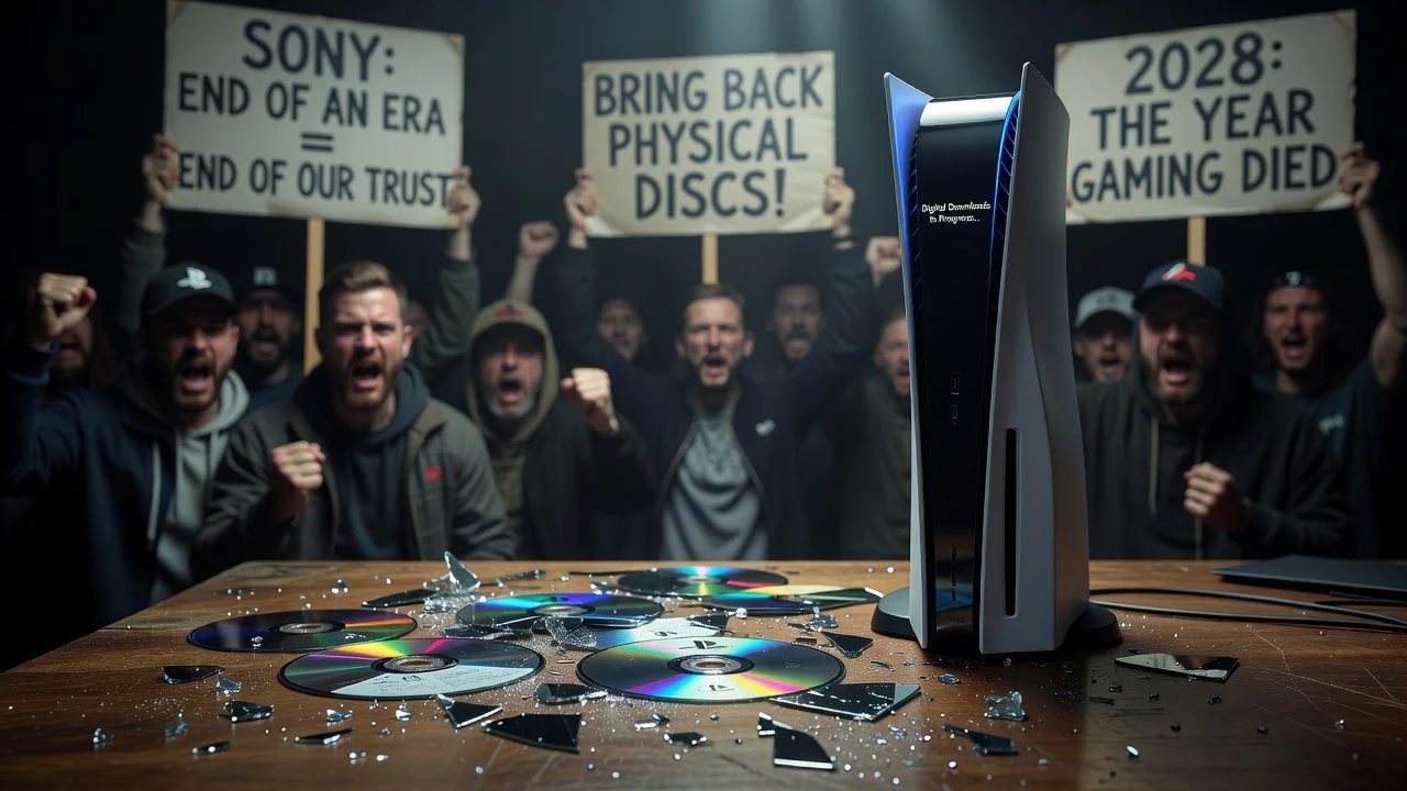 A shattered PlayStation disc next to a PS5 console with protesting fans in the background, illustrating Sony's shift to digital games.