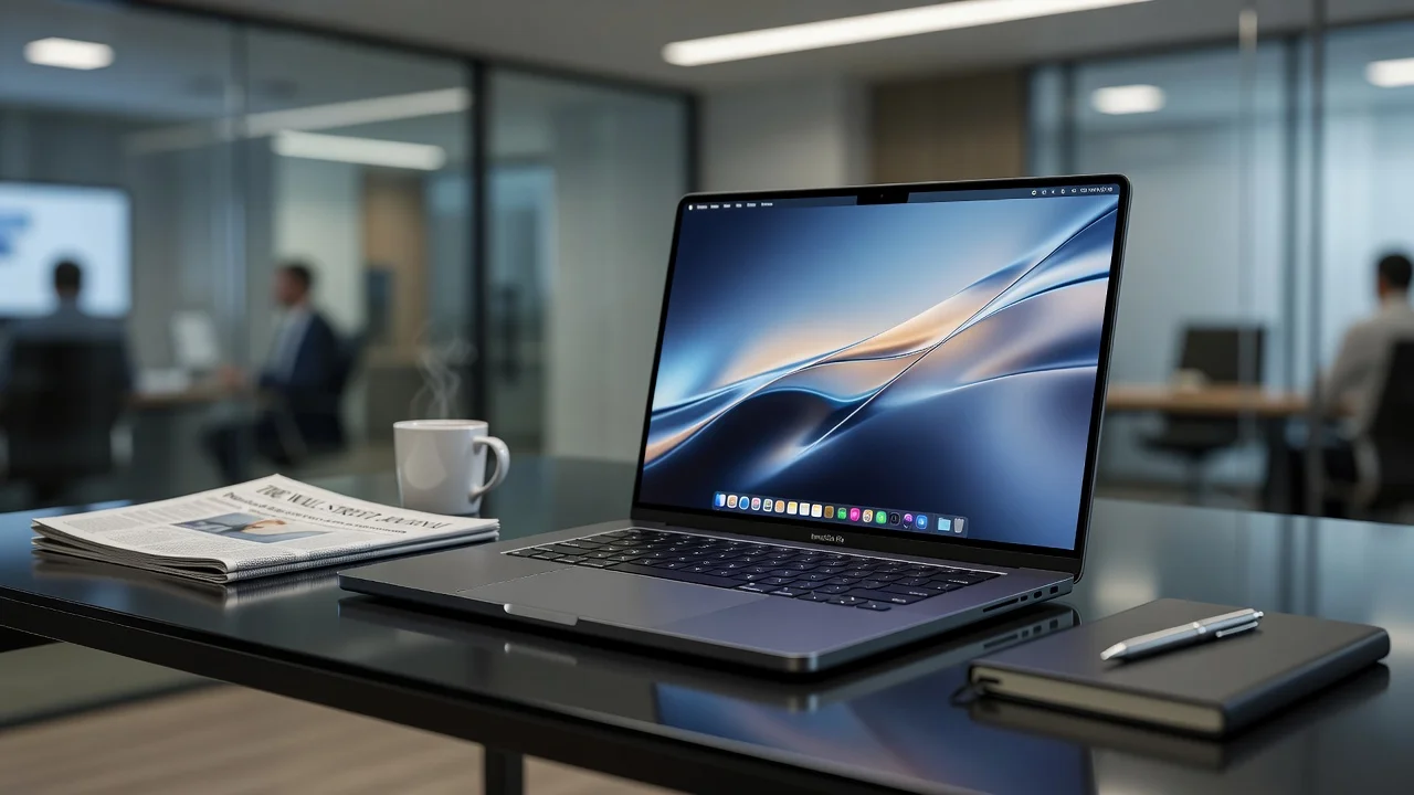 Photorealistic rendering of refreshed 14-inch MacBook Pro on desk