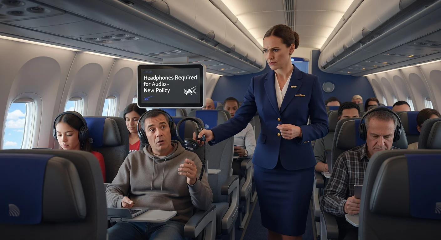 United Airlines flight attendant enforcing new headphones-only audio policy in airplane cabin with Starlink Wi-Fi.
